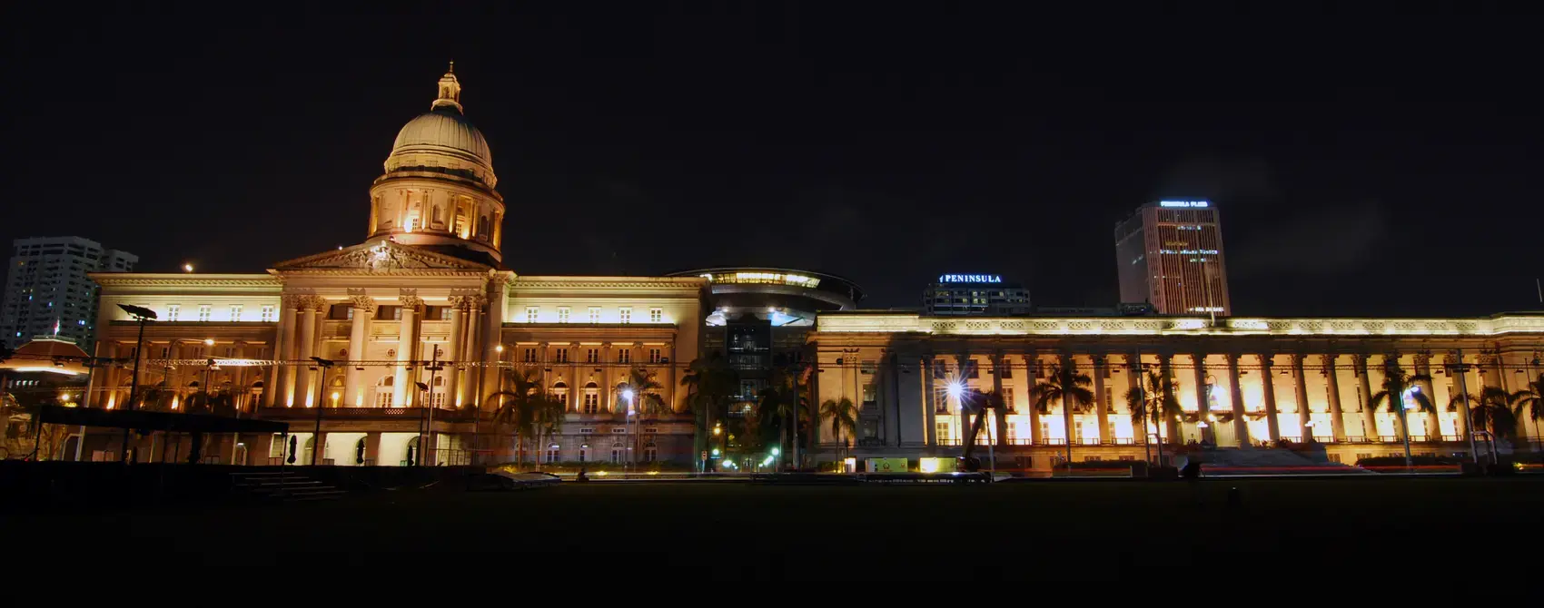 Singapore's former Supreme Court and City Hall lit at night