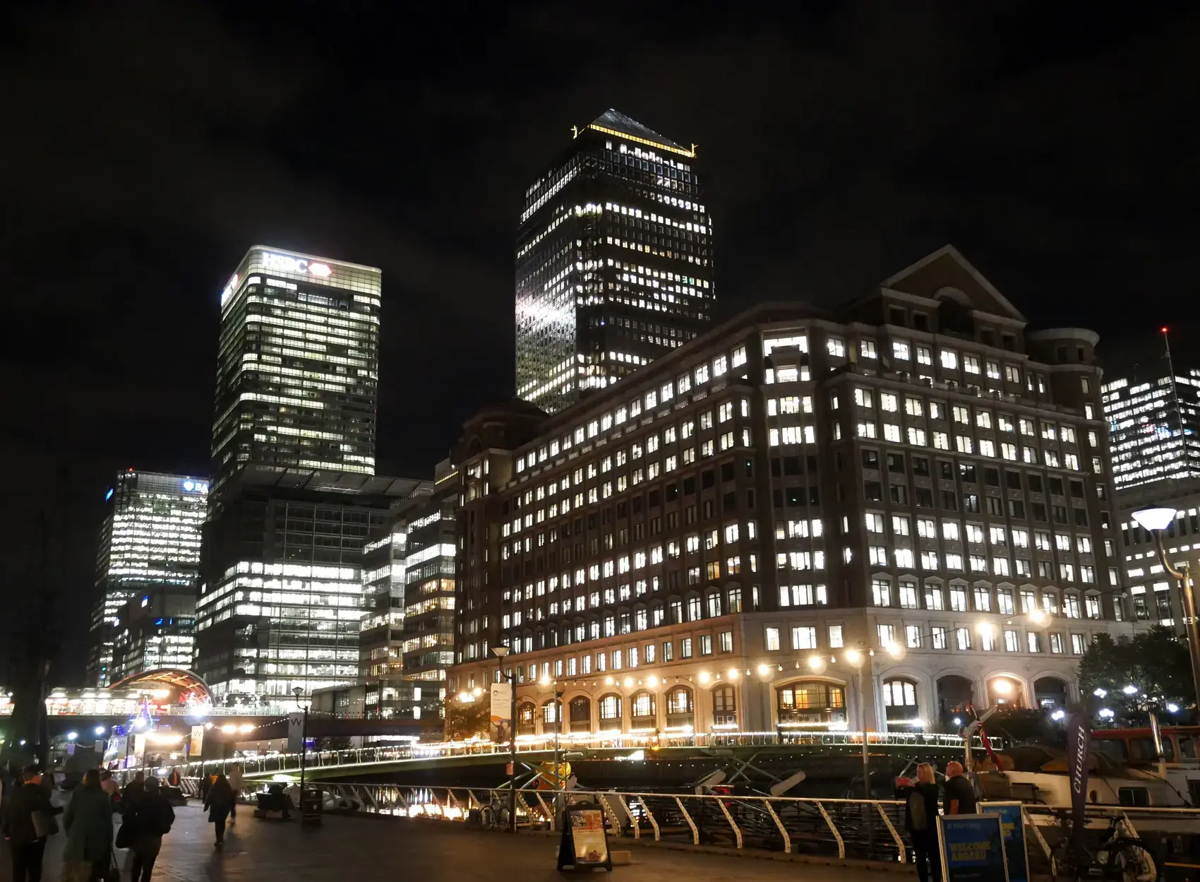 Office towers of Canary Wharf, London, at night
