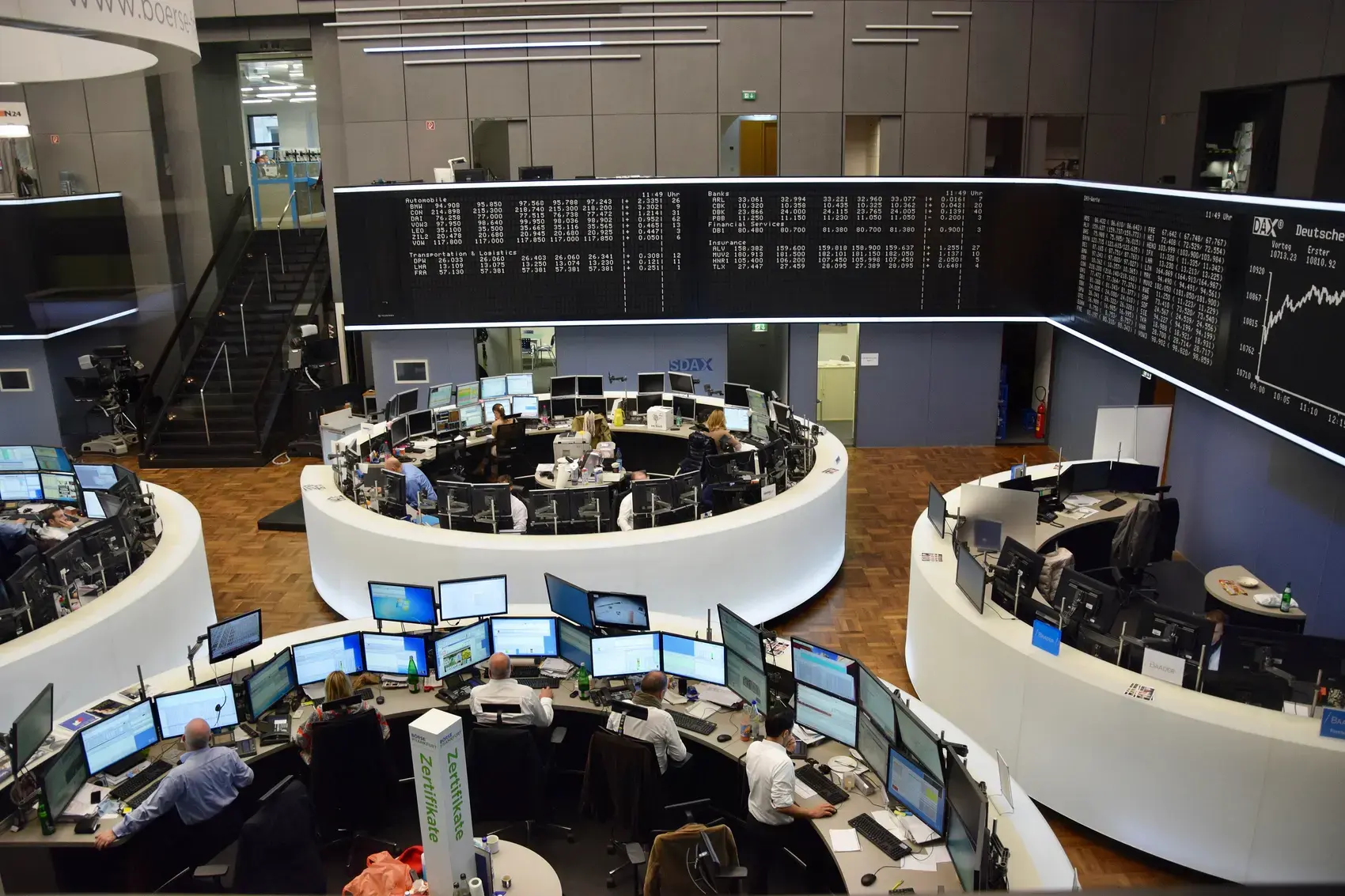 Trading desks and screens at the Frankfurt Stock Exchange